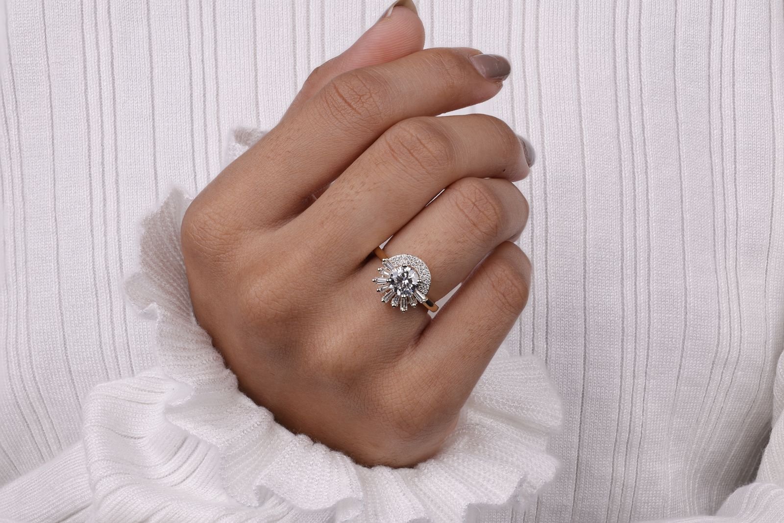 A woman wearing an elegant lab-grown diamond ring